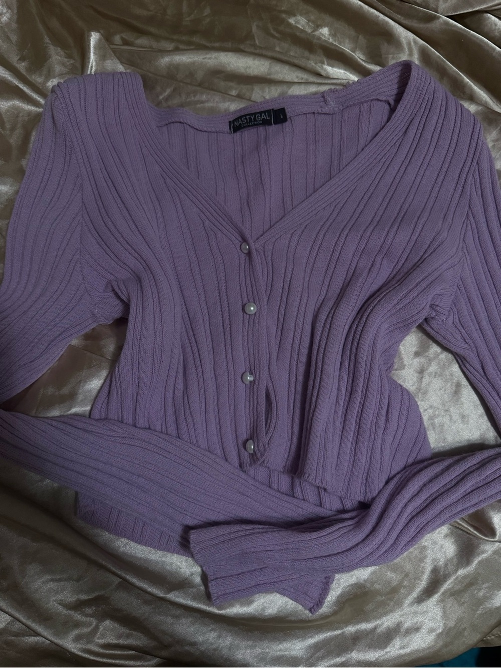 Nasty Gal Cropped Lavender Ribbed Button-Front Sweater
